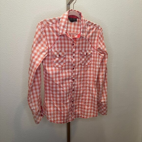 Cowgirl Up Distressed Bleached Plaid Snap Down Shirt Salmon size Small - Picture 1 of 7